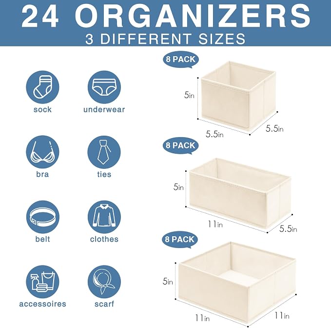 Drawer Organizer Clothes, 24 Pack Dresser Organizer Bins for Nursery Bedroom, Closet Organization and Storage Dividers for Clothing, Baby Clothes, Underwears, Socks (Beige)