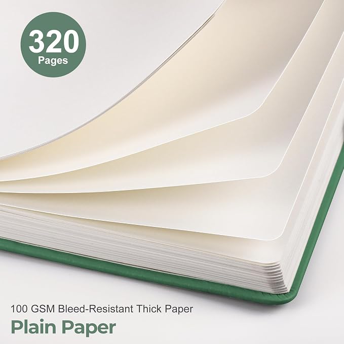 EMSHOI Blank Notebook Journal - 320 Pages, 100gsm Thick Paper, A5 Hardcover Leather, Art Sketchbook for Drawing, Unlined, Plain Sketch Book for Women Men Work Writing, 5.75 X 8.38, Dark Green