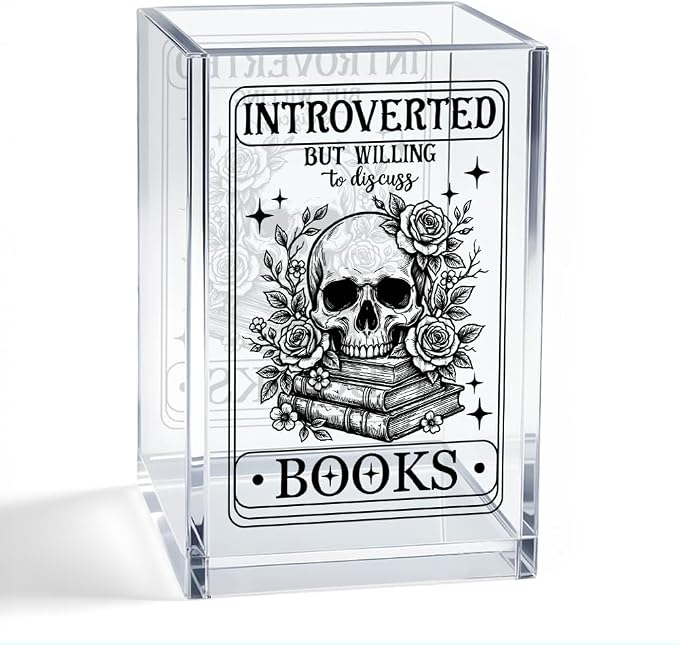 Introverted But Willing To Discuss Books Acrylic Organizer Pencil Pen Holder, Skeleton Bookmark Desk Accessories Holder, Bookworm Gifts for Women Reader Book Club Student Librarian Teacher