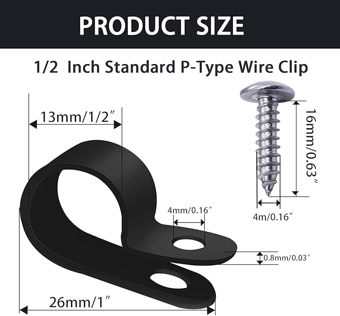 mankk 50PCS 1/2 Inch Rope Light Clips P-Style Mounting Clips Plastic Cable Clamps with Compatible Stainless Steel Pan Head Phillips Screws for Wire Management M-030-BK-LS