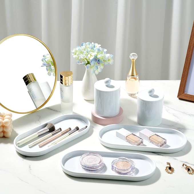 SheeChung Acrylic Vanity Tray, Bathroom Makeup Organizer Countertop, White | 9.65" x 4.5", Perfume Jewelry Candle Dispenser Catchall Tray, Sturdy Holder for Cabinet Shelf Closet Drawer Organizer, 2 Pack