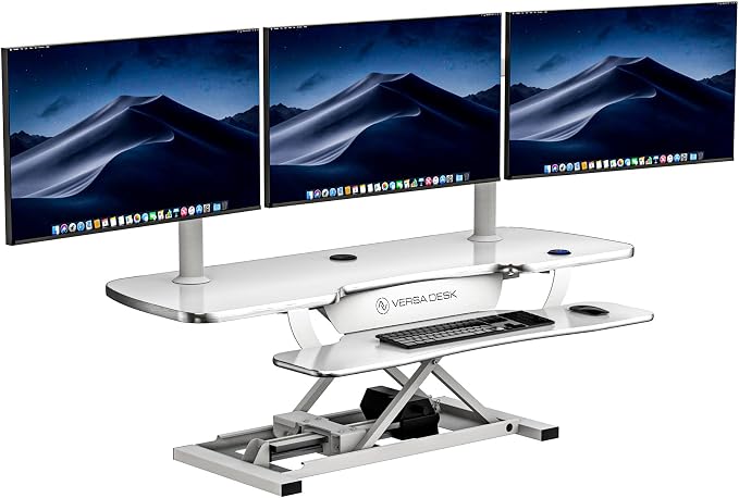 VERSADESK PowerPro 48 Inch Electric Standing Desk Converter – Push-Button Height Adjustable Sit to Stand Desk Riser for Multiple Monitors – Motorized Desktop Workstation with Wide Keyboard Tray, White