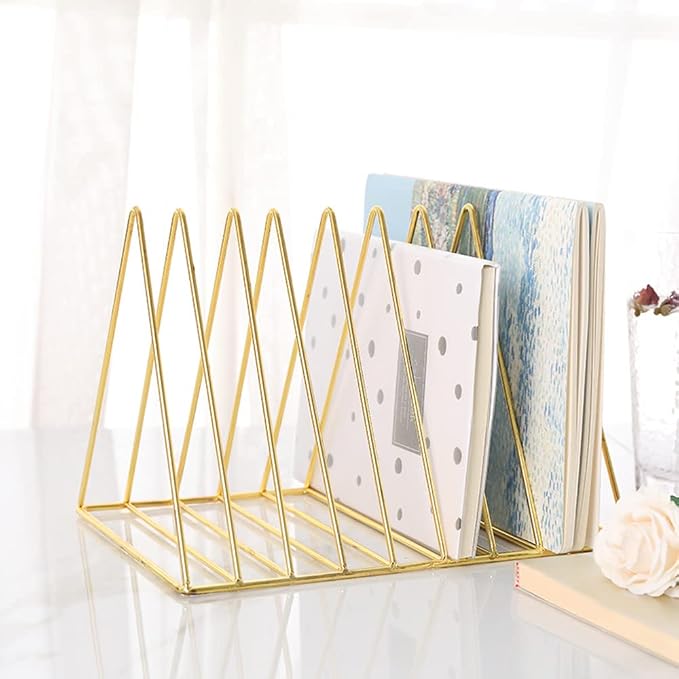 Sooyee 2 Pack 9 Slot Gold Magazine Holder, Desktop File Sorter Organizer Triangle Bookshelf Decor for Home Office, Iron Wire