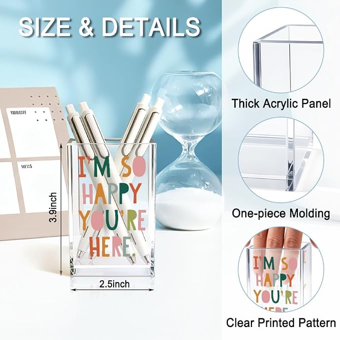 I'm So Happy You're Here Acrylic Cosmetic Pencil Holder Cup, Funny Boho Pen Holder for Women, Home Office Classroom Desk Accessories, Inspirational Gifts for Daughter, Make up Brush Organizer