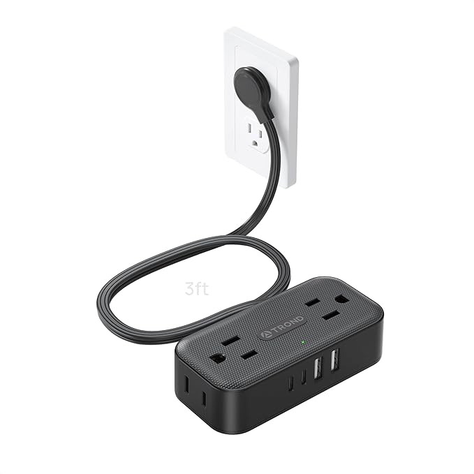 TROND Flat Plug Power Strip 3FT, Small Flat Extension Cord with Multiple Outlets, 4 AC and 4 USB Ports (2 USB C), Wall Mount 900J Surge Protector for Home Office Travel Dorm Room Essentials, Black
