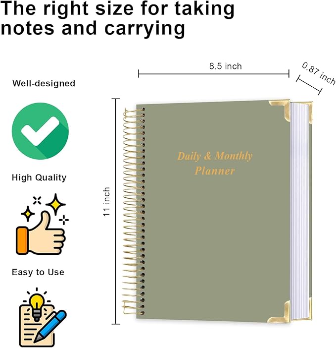 Undated Daily Monthly Planner for 2026 or Anytime - A4 To Do List with Hourly Schedule, Hardcover Spiral Bound Daily Planner to Increase Focus, Stylish School/Office Supplies, 8.5" x 11", Green