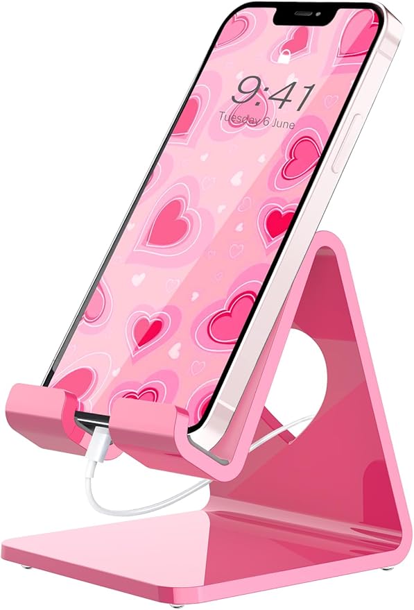 Crpich Acrylic Cell Phone Stand, Portable Phone Holder, Pink Phone Stand for Desk, Compatible with Phone16 15 14 13 12 Pro Max Mini 11 SE, Switch, Android Smartphone, Pad, Tablet, Desk Accessories
