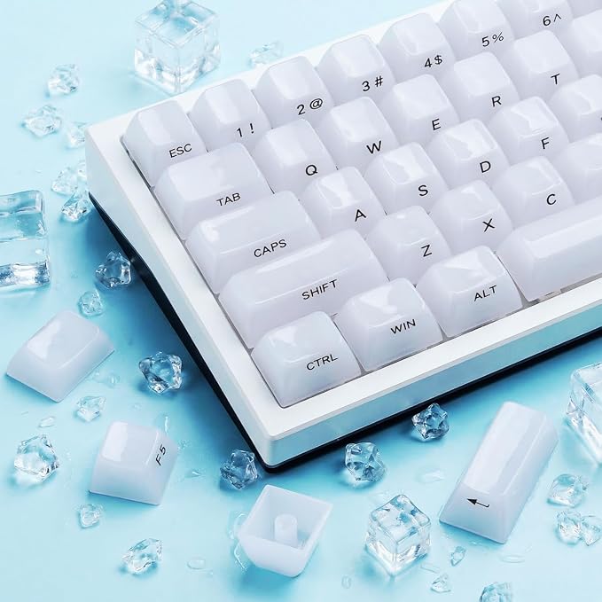 White Jelly Keycaps - Ceramic Style, Clear Translucent Crystal Keyccaps | Tsungup 119 Keys Side Print Custom Key Caps Keyboard Keycap Set for 60%,65%,75%,100% Mechanical Keyboards(MDA Profile)