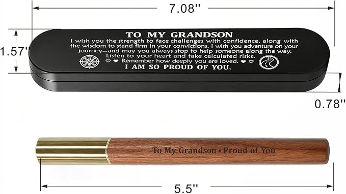 ABNTY Grandson Gifts from Grandparents, Class of 2026 Graduation Gift, Custom Engraved Wooden Gel Pen with Brass Cap, Perfect Grandson Keepsake Gift