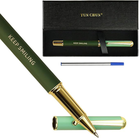 YUNCHUN Luxury Inspirational Rollerball Pen Set Gifts for Women & Men, Metal Pens with Motivational Words, Smooth Black Ink Medium Point, Elegant Executive Gift Pens with Extra Blue Refill, Green
