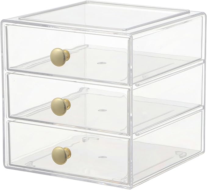 AJIODA Makeup Drawer Organizer Box with 3 Drawers, Acrylic Cosmetic Display Case Vanity Organizer Jewelry Storage Box Stackable Storage for Cosmetics, Skin Care, Bathroom, Countertop, Gold Handle