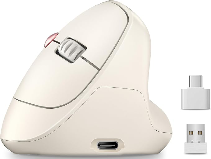 Ergonomic Vertical Wireless Mouse, 57°, Small/Medium Hands, Beige | Rechargeable, Quiet Click, 800/1200/1600 DPI, 2.4GHz USB Receiver, Forward/Back Buttons, Computer Mouse for Laptop PC Mac