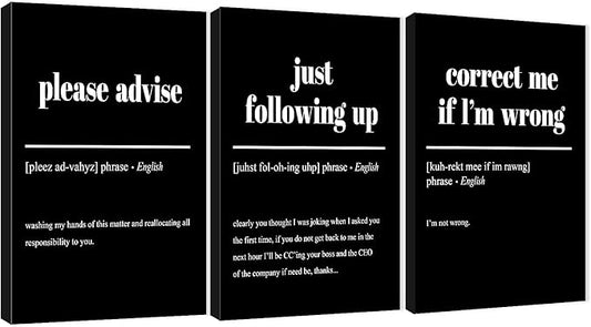 3 Piece Inspirational Canvas Wall Art, Quotes "Please Advise - Just Following up - Correct me if I'm Wrong" Motivational Print Pictures Office Decor, Framed Artwork for Home Wall Decor (48"Wx24" H)