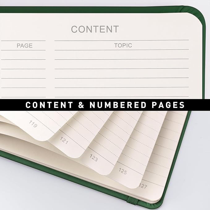 AHGXG Lined Journal Notebook, 160 Numbered Pages, A5 Medium Size (5.7'' x 8.3''), 120 GSM Thick Paper, for Men & Women, Journaling, Writing, Work & Office, Leather Hardcove (Dark Green)