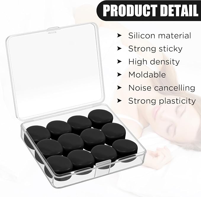 TrelaCo 12 Pack Soft Ear Plugs for Sleeping, Reusable Moldable Silicone Earplugs Noise Cancelling Reduction for Concerts, Swimming, Shooting, Snoring, Airplane, Musicians, Motorcycle (Black)