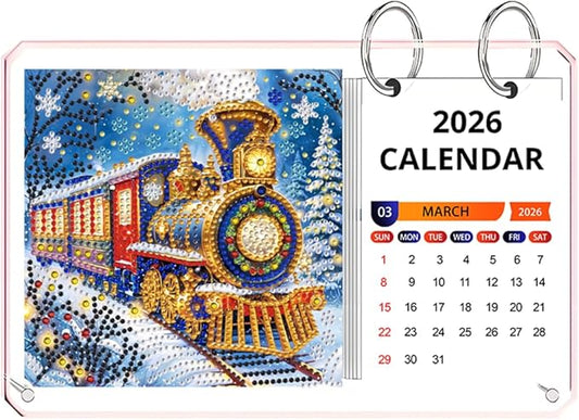 2026 Standing Desk Calendar DIY Diamond Art Painting Monthly Flip Desktop Calendar Mosaic Kits Acrylic Tabletop Calendars Diamond Art Craft Supplies Planner for Office Home Decor-Train