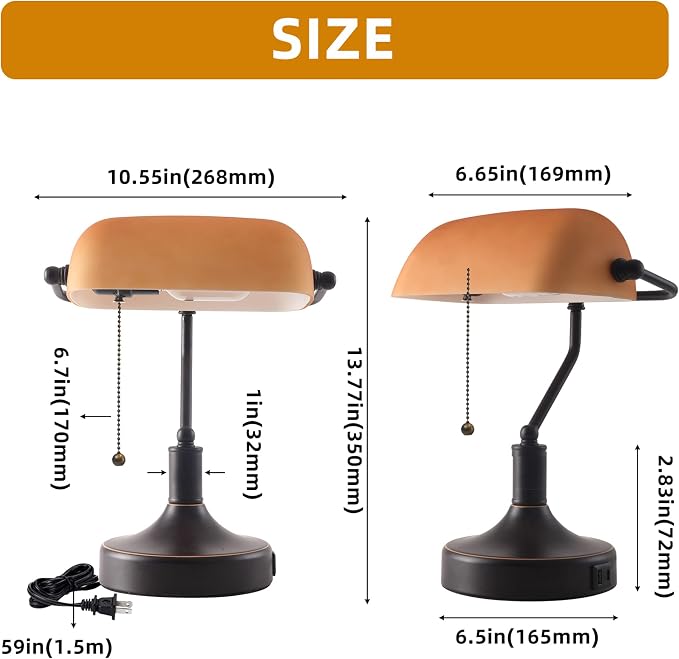 Vintage Bankers Desk Lamp with Pull Chain Switch, Traditional Desk Lamp with USB A and Type C Charging Port, Oil Rubbed Bronze Table Lamp with Amber Glass Shade for Office, Library, Study Room