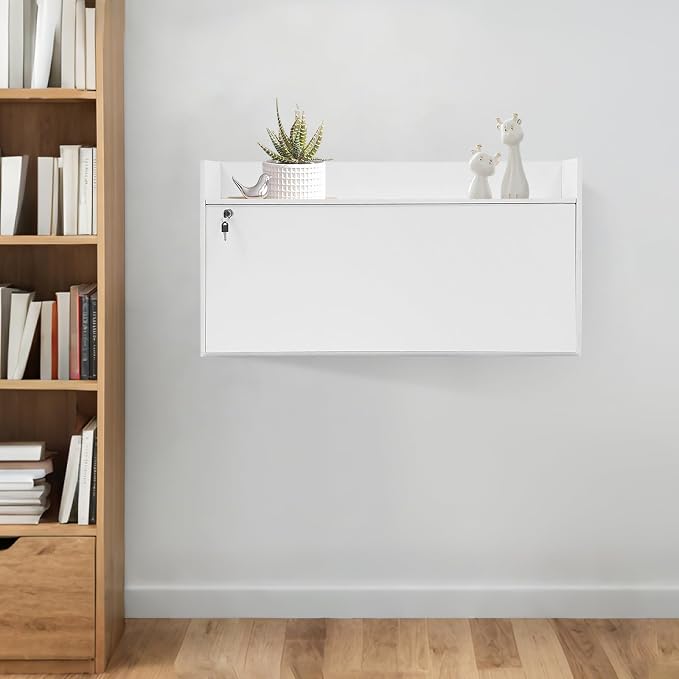 Wall-Mounted Foldable Desk Cabinet with Storage Drawers, Space-Saving PVC Organizer for Home Office, Study Room, Bedroom, Small Apartment & Remote Work (White)