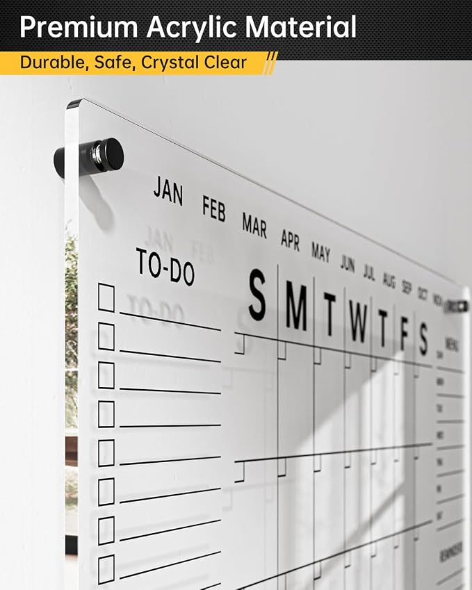Acrylic Wall Calendar with Dry Erase Surface | 28x20 Clear Monthly Planning Board | Includes 8 Color Markers, Eraser, Multi-Color Standoff Screws, and Installation Kit | Perfect for Home & Office
