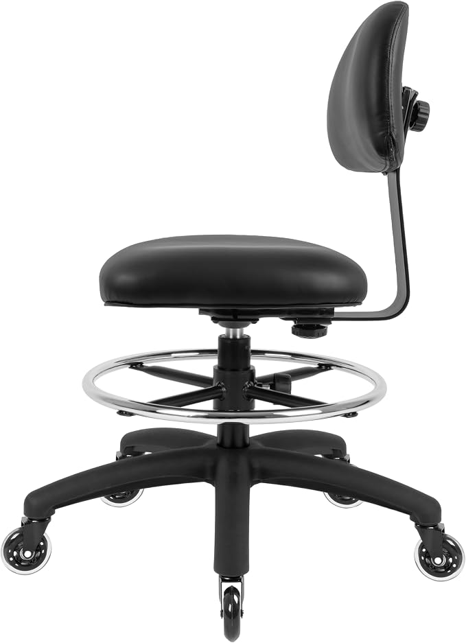 FSS Series Square seat (20"-28") seat Height Chair. Vinyl-for Office, Garage, Desk, Shop, Computer, Doctor, Medical, Easy to Clean! 18" Footring (Black, Mid Stool, Rubber Roller Casters)