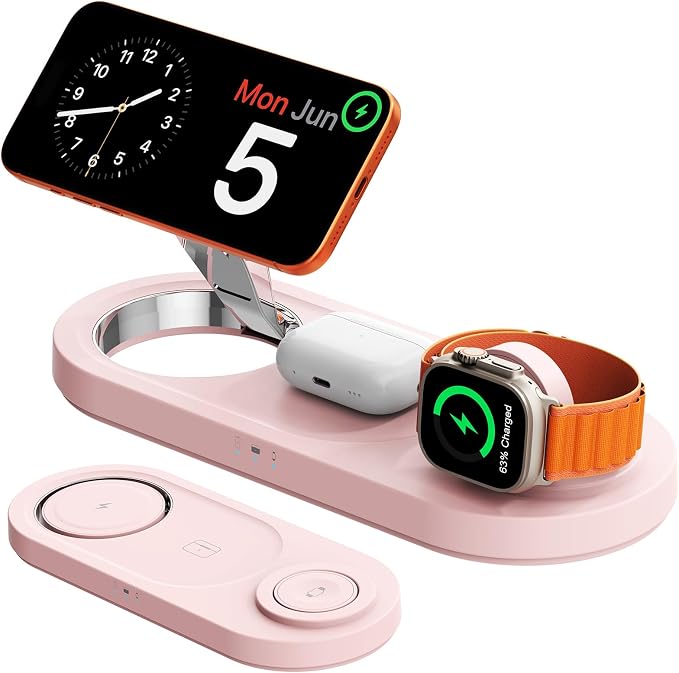 15W Magnetic 3 in 1 Wireless Charging Station,No Blue Light Disturbing Sleep,for iPhone17-12, Fast 5W Charger for Apple Watch AirPods,Foldable Stand, MagSafe Charger Dock for Nightstand Desk Travel