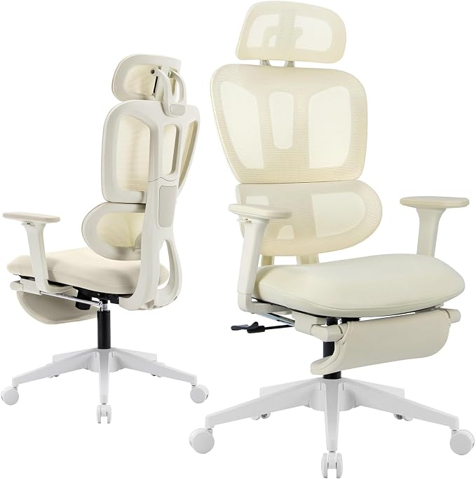 Ergonomic Office Chair with Retractable Footrest, Cream | High Back Design, Dynamic Lumbar Support, 2D Headrest & 2D Armrests, Breathable Mesh Back for Home Office