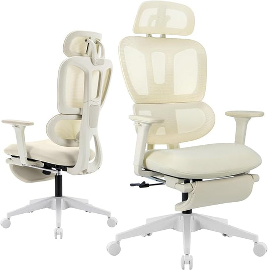 Ergonomic Office Chair with Retractable Footrest, Cream | High Back Design, Dynamic Lumbar Support, 2D Headrest & 2D Armrests, Breathable Mesh Back for Home Office