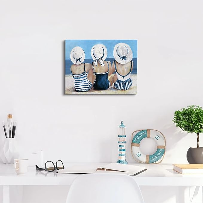 Coastal Beach Wall Art Bathroom Wall Decor Nautical Theme Picture Teen Girls Bedroom Decor Retro Vintage Blue Ocean Poster Swimsuit Girl Painting Beauty Room Artwork Beachy Home Decorations 12x16”
