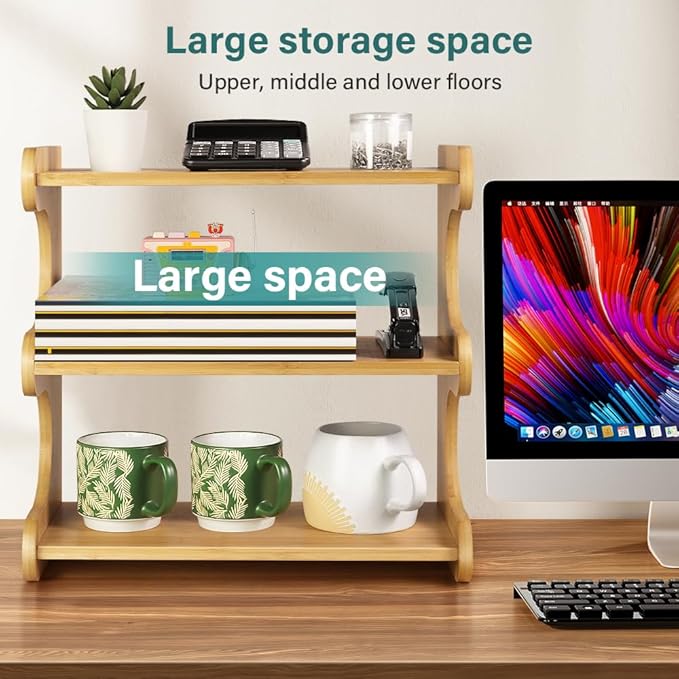 Bamboo Desk Organizer Multifunctional 3 Tier Office Table Shelf Bookshelf Supplies Storage Rack for Kitchen Living Room