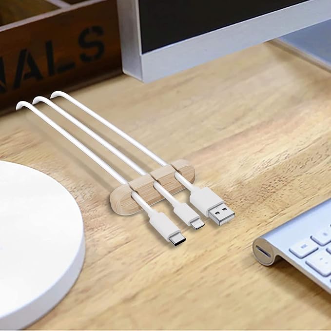 SOULWIT Cable Holder Clips, 3-Pack Cable Management Cord Organizer Clips Silicone Self Adhesive for Desktop USB Charging Cable Nightstand Power Cord Mouse Cable Wire PC Office Home - Wood Grain
