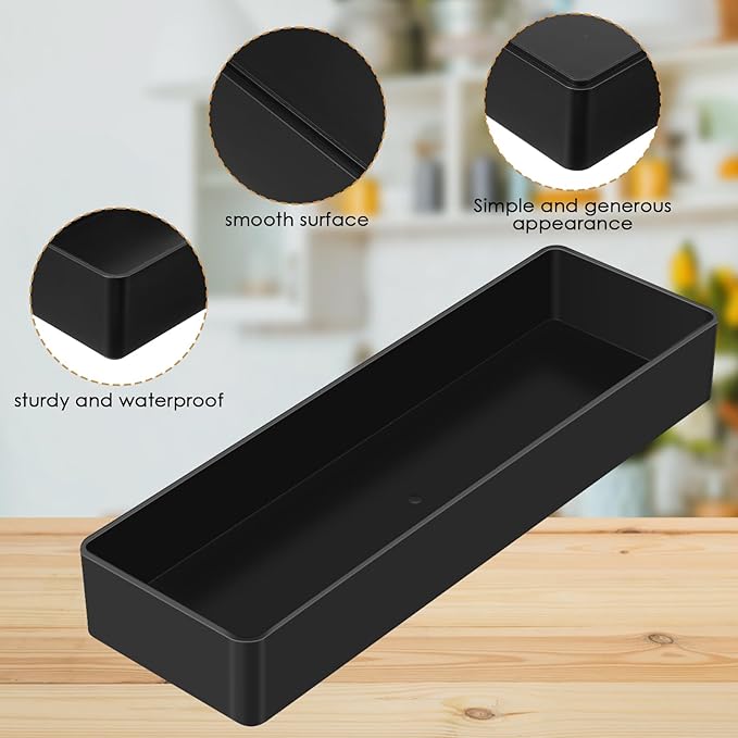 Teling 4 Pcs Black Plastic Desk Organizer Tray Shallow Drawer Pencil Tray Tabletop Organizer for Office, Home, or Study 9.45x2.95x1.38 Inch
