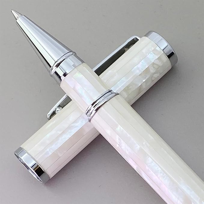 LACHIEVA LUX Elegant Mother of Pearl Rollerball Pen with German Refill, Premium Gift Set for Men, Women & Professionals (Pearl White)
