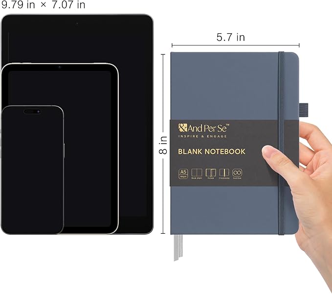 &And Per Se Blank Sketch Notebook, A5 Hardcover, 160 Pages 100gsm Thick Paper, Unlined Journal for Drawing, Doodling, Hand Lettering – Creative Gift for Artists, Designers, Writers (Dark Blue)