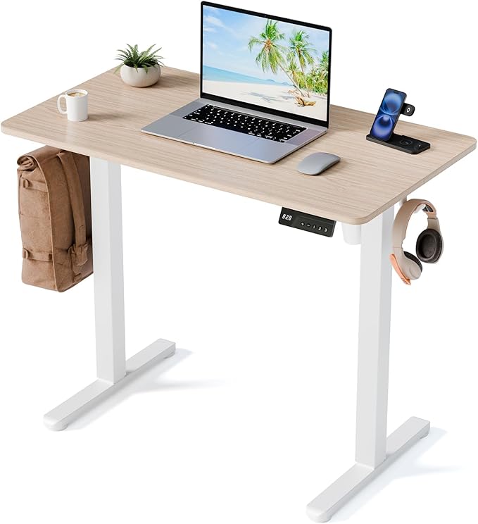 35" Electric Standing Desk, Small Sit Stand up Desk, Light Walnut | Height Adjustable Computer Desk for Home Office, Compact Work & Gaming Desk with Cable Management and Stable Steel Frame