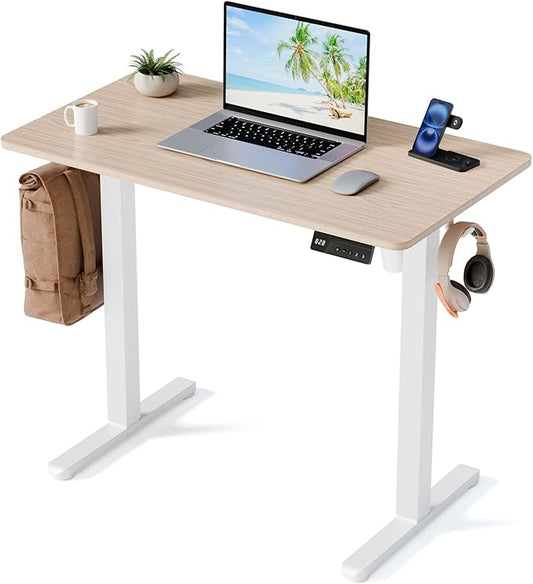 35" Electric Standing Desk, Small Sit Stand up Desk, Light Walnut | Height Adjustable Computer Desk for Home Office, Compact Work & Gaming Desk with Cable Management and Stable Steel Frame