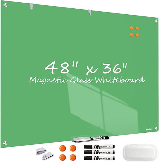 Glass Whiteboard, 48x36 Inches Magnetic Glass Dry Erase Board, Green Large White Board for Wall Office School Classroom Home, 4x3 Feet Big Dry Erase Board Wall Mounted