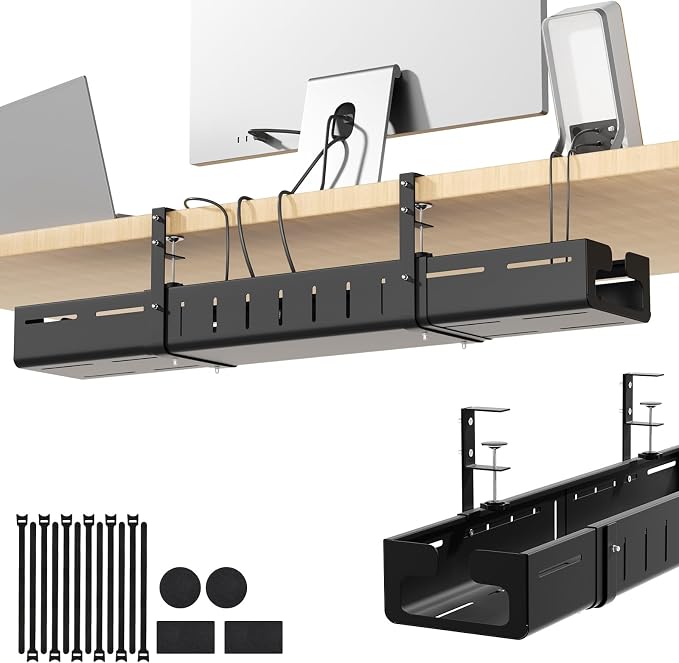 Under Desk Cable Management Tray,Expandable 25.2Inch – 38Inch,Black | Heavy Duty Carbon Steel,Cable Tray with No Drill Clamp Mount,Adjustable Under Desk Cord Management for Office Home,Rustproof