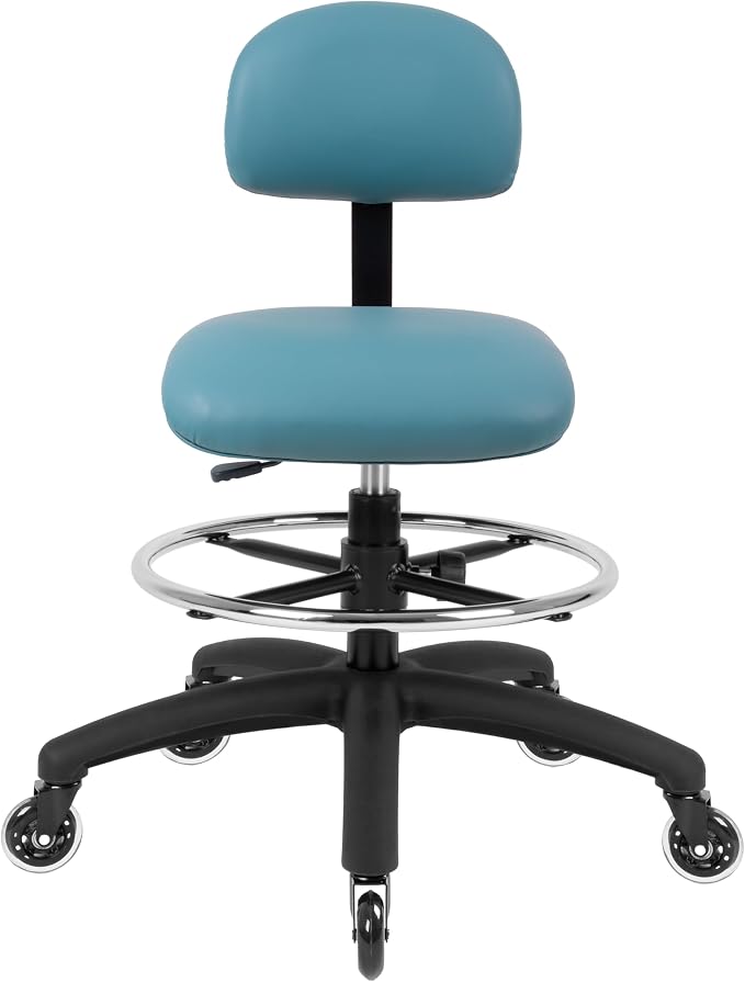 FSS Series Square seat (20"-28") seat Height Chair. Vinyl-for Office, Garage, Desk, Shop, Computer, Doctor, Medical, Easy to Clean! 18" Footring (Aqua, Mid Stool, Rubber Roller Casters)