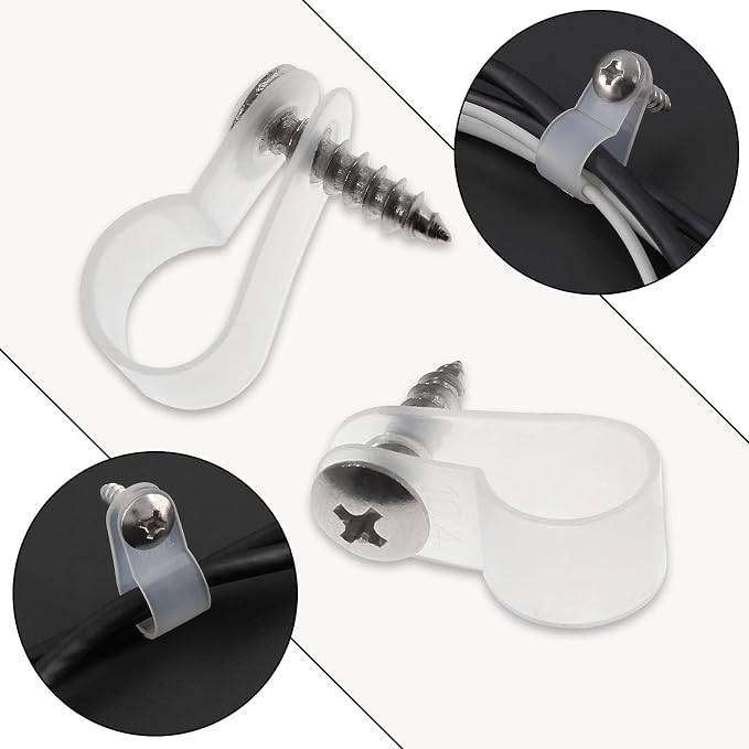 Bonsicoky 3/8 Inch Rope Light P-Style Clips, 50Pcs | With Screws, Cable Clip Wire Clamp, Cable Organizer Cord Holder, For Wire Management