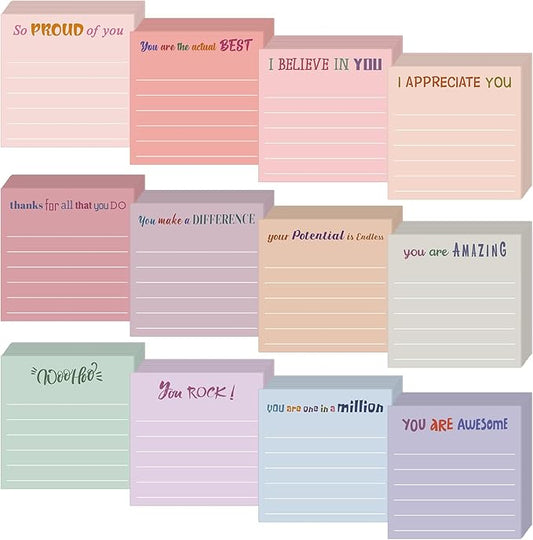 Yinder 12 Pcs Inspirational Sticky Notes Thank You Gift Motivational Sticky Note Pad Employee Appreciation Gift Bulk for Staff Coworker Teacher Nurse Office Groups 3 x 3'' (Appreciation,Aesthetics)