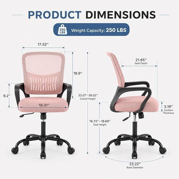 Ergonomic Office Chair, Home Office Desk Chair, Game Chair with Lumbar Support, Breathable Mesh Chairs, Swivel Desk Chairs for Computer, Home, Office, 360° Swivel (Pink)