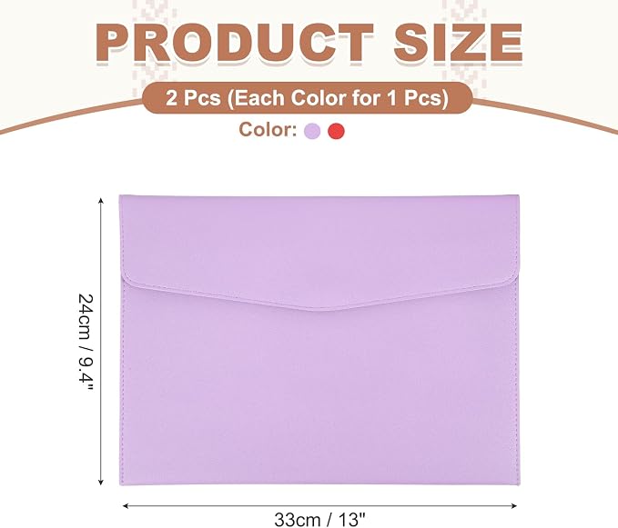 PATIKIL 2Pcs PU Leather A4 File Folder, Document Holder Envelope Waterproof Napa Texture Filing Organizer Portfolio Folder Case with Magnetic Snap Closure for Home Office, Purple, Red