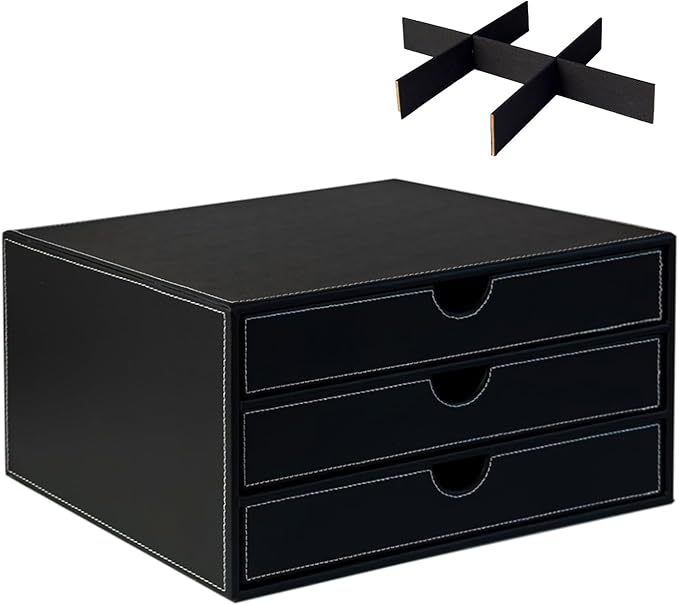 UnionBasic Document Organizer, 3-Drawer File Cabinet Document Storage Box, Office Desktop Filing Organizer, Black with White Stitching