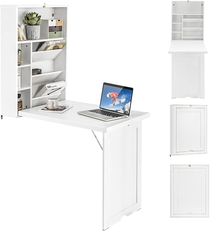 GOFLAME Wall Mounted Folding Desk, 3-Tier Tilt Storage Partition With Adjustable Shelves, Space-Saving Floating Laptop Desk, Convertible Writing Table for Home Office, White