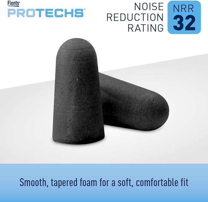Flents Protechs Foam Ear Plugs for Sleeping, Snoring, Traveling, Concerts, Construction & Studying, Ultra Soft & Comfortable, Black, 10 Pairs, NRR 32 Hearing Protection for Loud Noise