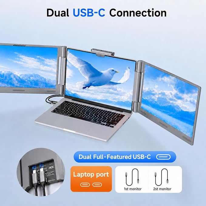 AOC 14" Laptop Screen Extender, Triple Portable Monitor for 13”-17.3" Laptops, 1080P FHD IPS Display, HDMI/USB-C Cable Plug-Play, Laptop Monitor Extender for Mac/Windows (Gray)