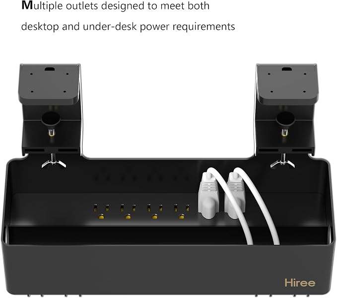 Under Desk Cable Management Tray with 6 AC Power Outlet and Clamp Mount, No Drill Cord Storage Organizers for Wire Management, Standing Desk, Computer Cord Rack for Office & Home (Black)