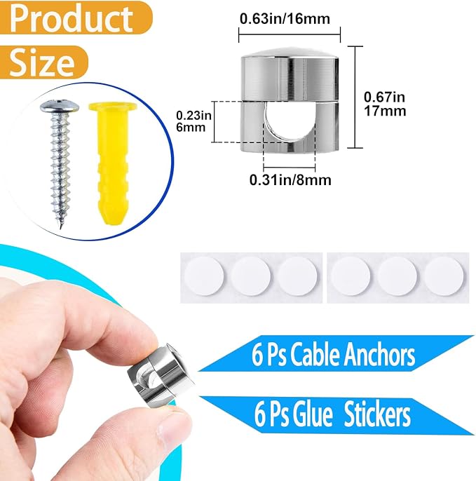 6 Sets Charger Cord Holder Stick on, Silver Metal Adhesive Cable Management Clips,Adjustable Phone Cable Anchor Holders,Wire Organizer for Desk, Wall, Home, Office, nightstand, Dresser, Chandelier