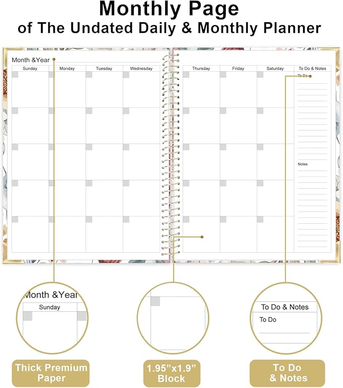 Undated Daily Monthly Planner for 2026 or Anytime - A4 To Do List with Hourly Schedule, Hardcover Spiral Bound Daily Planner to Increase Focus, Stylish School/Office Supplies, 8.5" x 11", Flower