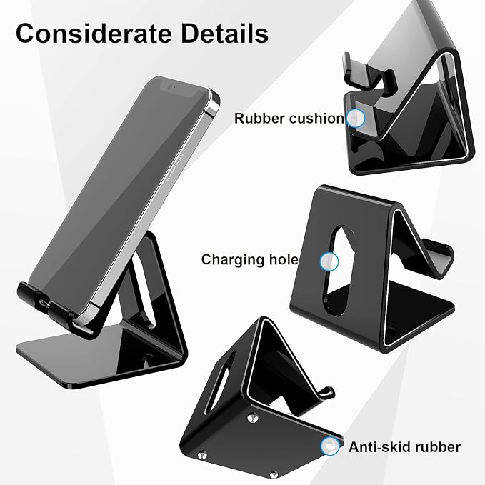Crpich Acrylic Phone Stand, Ergonomic Design for Apple iPhone and Samsung Galaxy, Compatible with 4-8 Inch Screens, Black